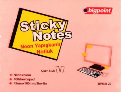 Bigpoint Yapışkanlı Not Kağıdı 100x75mm Neon Pembe - 1
