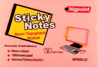 Bigpoint Yapışkanlı Not Kağıdı 50x75mm Neon Pembe - 1