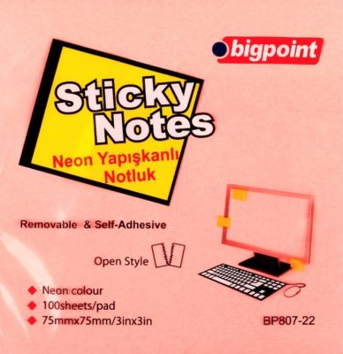 Bigpoint Yapışkanlı Not Kağıdı 75x75mm Neon Pembe - 1