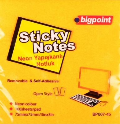 Bigpoint Yapışkanlı Not Kağıdı 75x75mm Neon Turuncu - 1