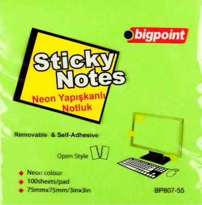 Bigpoint Yapışkanlı Not Kağıdı 75x75mm Neon Yeşil - 1