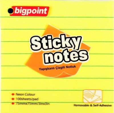 Bigpoint Yapışkanlı Not Kağıdı Çizgili 75x75mm Neon Sarı - 1