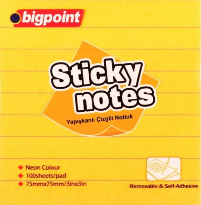 Bigpoint Yapışkanlı Not Kağıdı Çizgili 75x75mm Neon Turuncu - 1