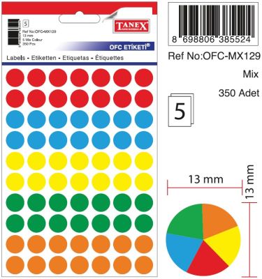 Tanex Yuvarlak Ofis Etiketi 13mm Karışık Renkli - 1