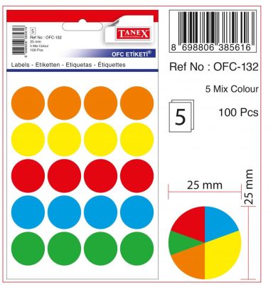 Tanex Yuvarlak Ofis Etiketi 25mm Karışık Renkli - 1