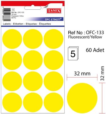 Tanex Yuvarlak Ofis Etiketi 32mm Fosforlu Sarı - 1