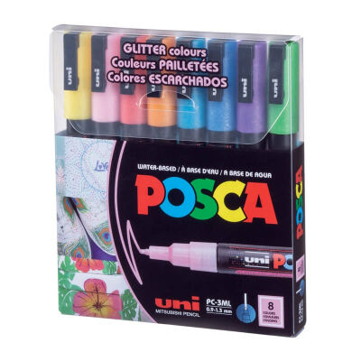 Uni Posca PC-3M Renkli Poster Markörü 0.9-1.3 mm 8'li Set Simli Renkler - 1