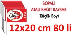 Vatan 12x20cm.Küçük Boy Sopalı Atalı Kağıt Bayrak 80’li - Vatan