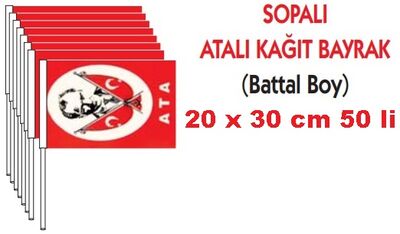 Vatan 20x30cm.Battal Boy Sopalı Atalı Kağıt Bayrak 50’li - 1