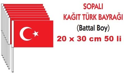 Vatan 20x30cm.Battal Boy Sopalı Kağıt Bayrak 50’li - 1